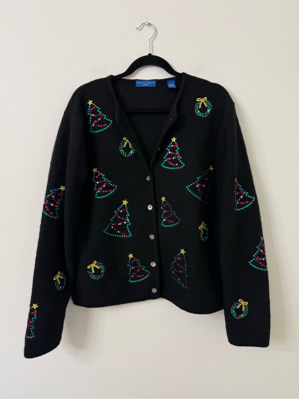 {XL} Karen Scott Wool Black Embellished Christmas Tree Cardigan Sweater